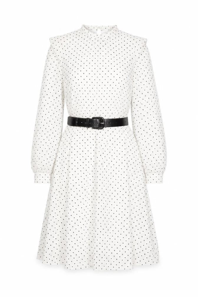 Front view of RESERVED Women's White Polka Dot A-Line Dress XS