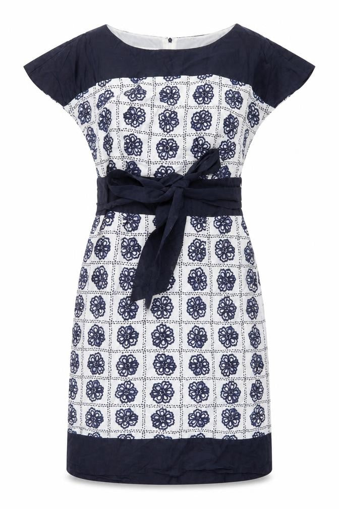 Front view of Laura Ashley Women's Blue Geometric Silk Shift Dress, size 12