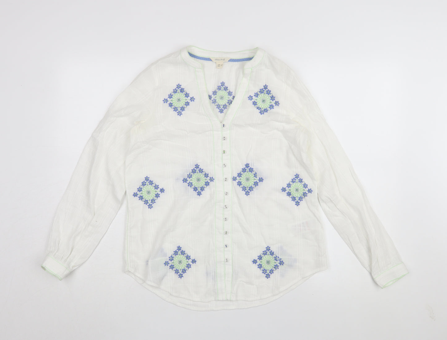 White Stuff Women's White Embroidered Button-Up Shirt, Size 6