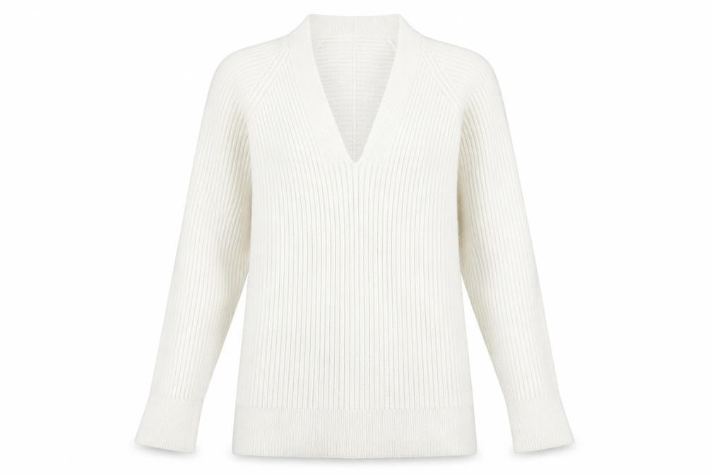Front view of Mango Women’s Ivory Pullover V-Neck Jumper S