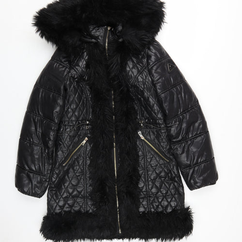 River Island Women's Black Quilted Coat with Fur Trim Size 10