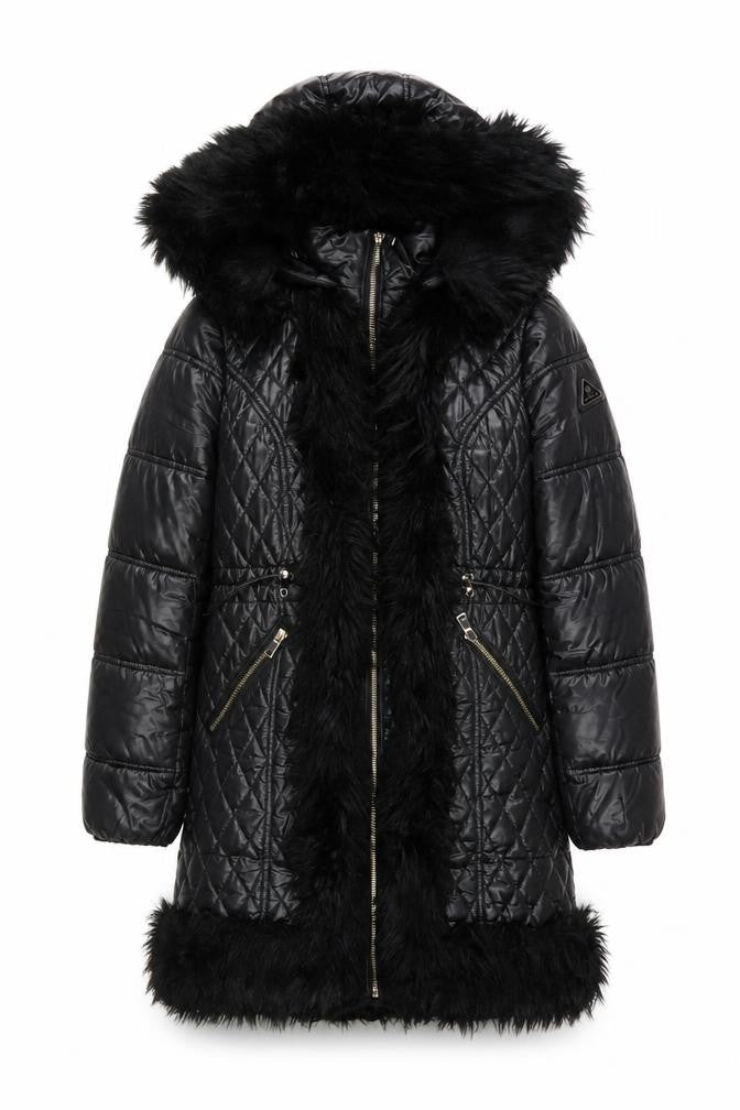 Front view of River Island Women's Black Quilted Coat with Fur Trim, size 10