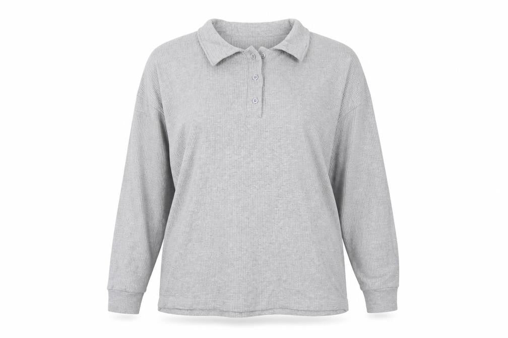 Front view of Boohoo unisex grey button-up long sleeve top