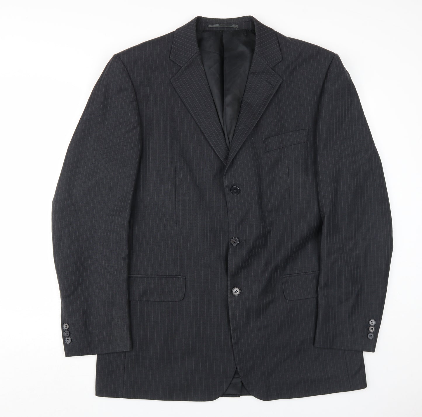 kji Men's Black Blazer, Size 42, Long, Formal Striped