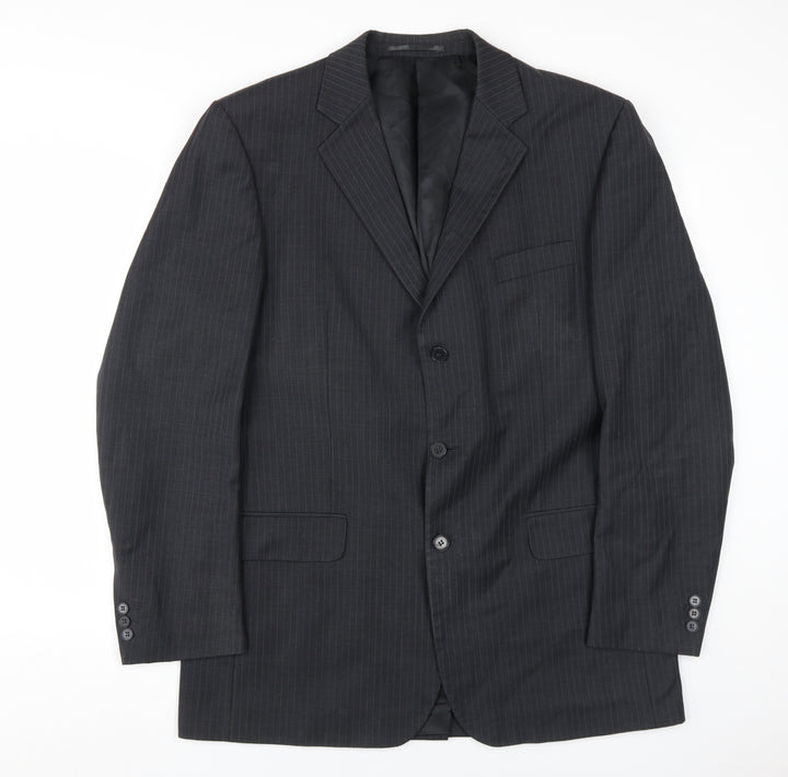 kji Men's Black Blazer, Size 42, Long, Formal Striped