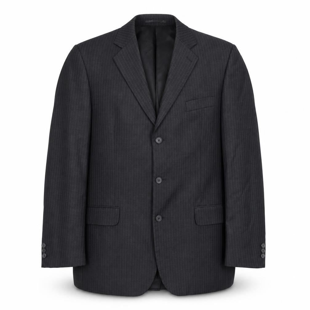 Front view of kji Men's Black Blazer, size 42, Long, Formal Striped