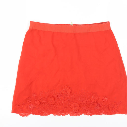 Topshop Women's Red A-Line Skirt, Size 12 with Embroidery