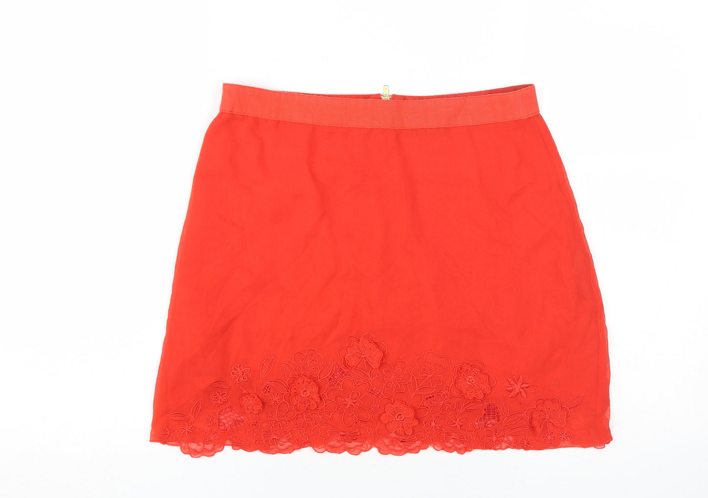Topshop Women's Red A-Line Skirt, Size 12 with Embroidery