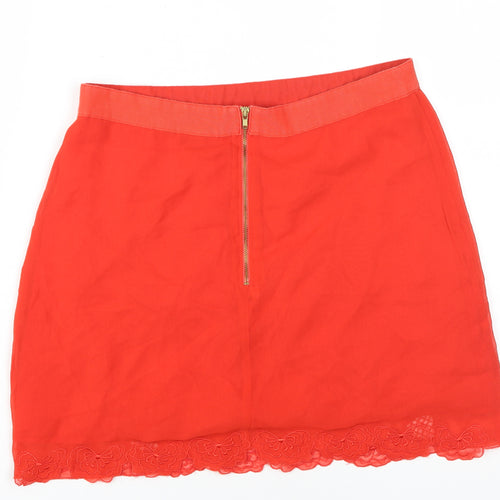 Topshop Women's Red A-Line Skirt, Size 12 with Embroidery