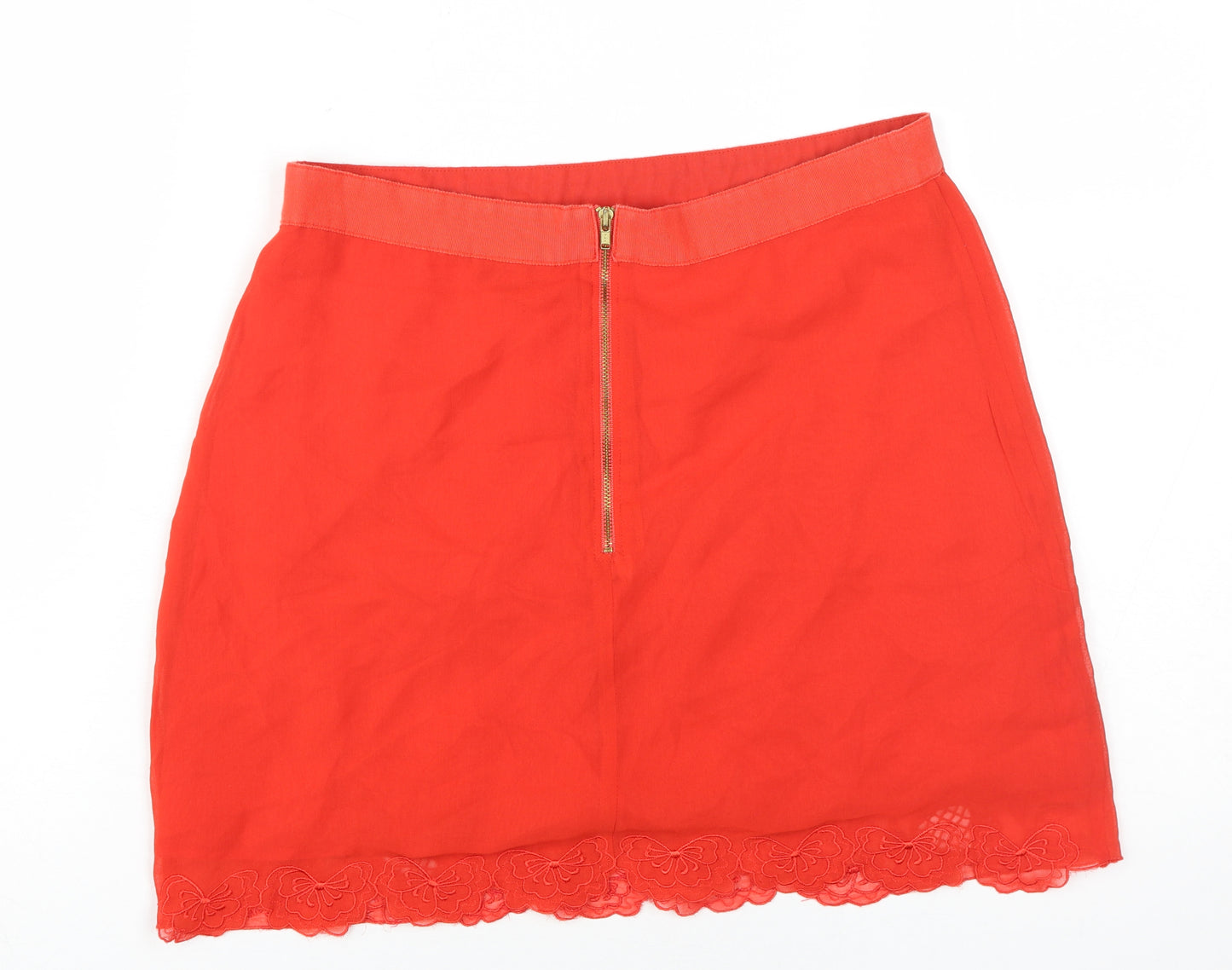 Topshop Women's Red A-Line Skirt, Size 12 with Embroidery