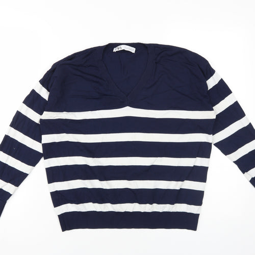 Zara Women's Blue Stripe V-Neck Knit Jumper Size S