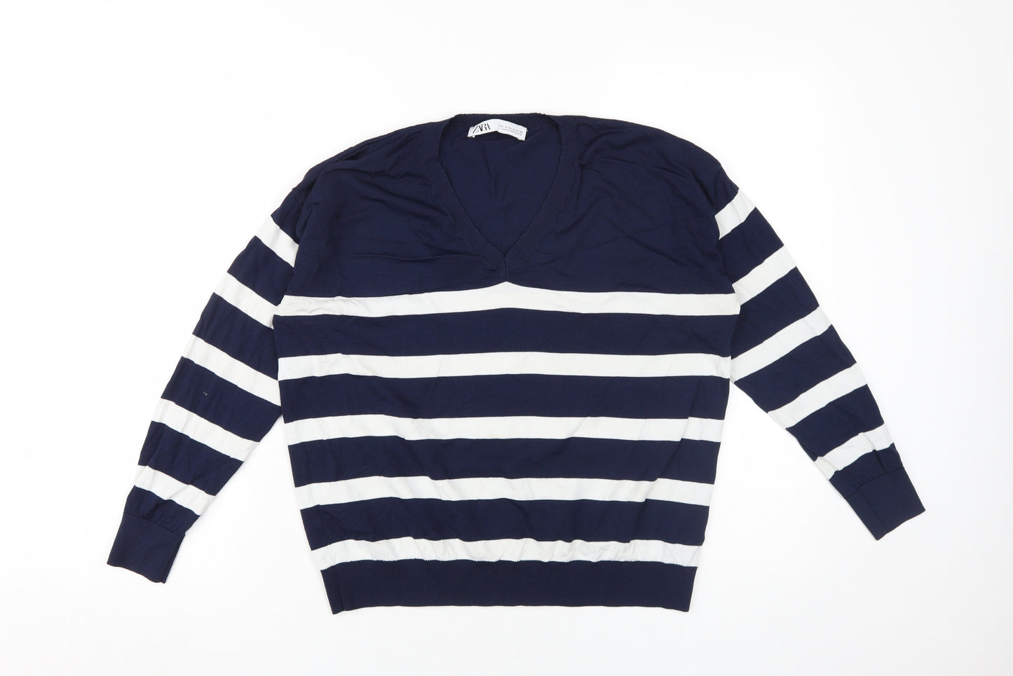 Zara Women's Blue Stripe V-Neck Knit Jumper Size S