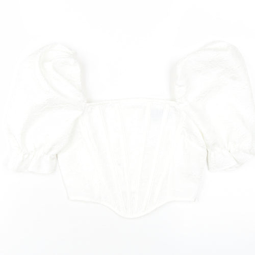 PrettyLittleThing Women's White Cropped Blouse - Size 6 Puff Sleeve