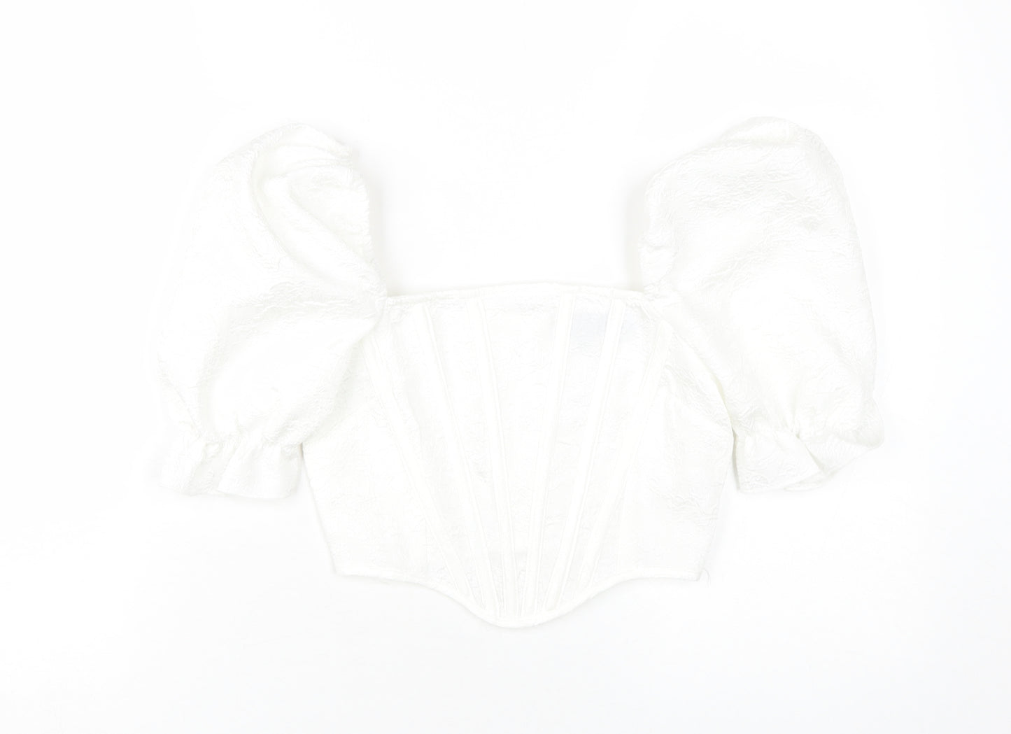 PrettyLittleThing Women's White Cropped Blouse - Size 6 Puff Sleeve