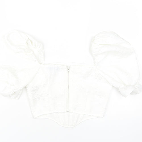 PrettyLittleThing Women's White Cropped Blouse - Size 6 Puff Sleeve