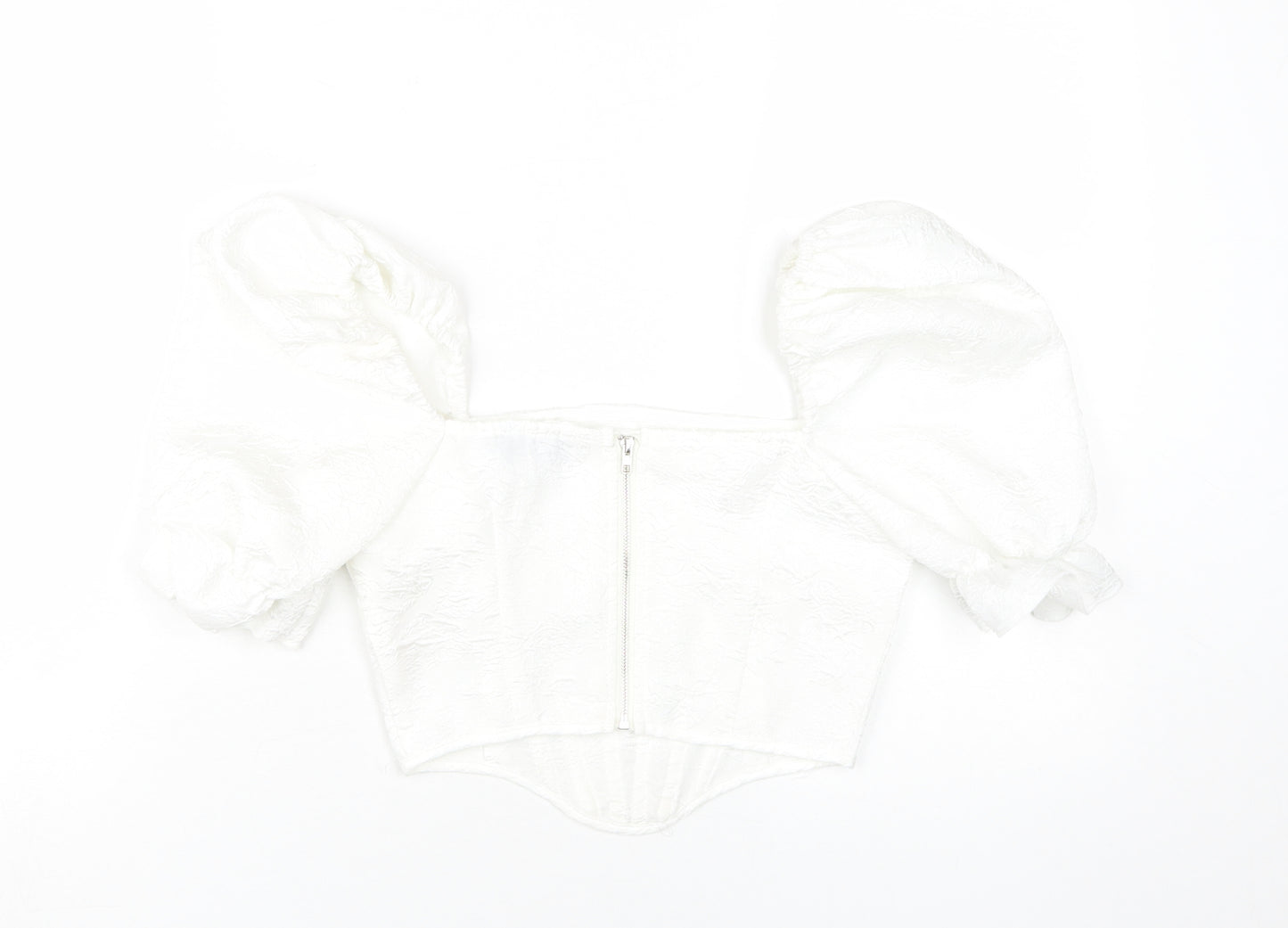 PrettyLittleThing Women's White Cropped Blouse - Size 6 Puff Sleeve