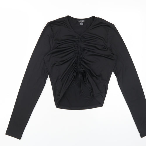 Monki Women's Black Cropped Ruched V-Neck Top, Size S