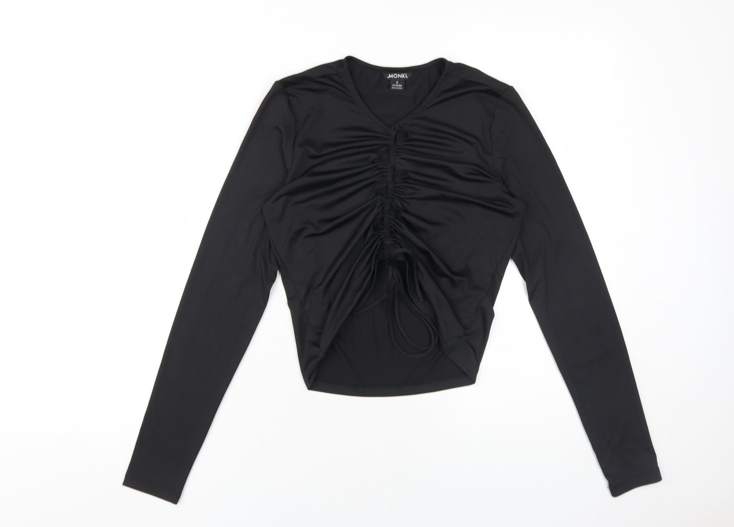 Monki Women's Black Cropped Ruched V-Neck Top, Size S