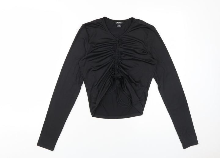 Monki Women's Black Cropped Ruched V-Neck Top, Size S