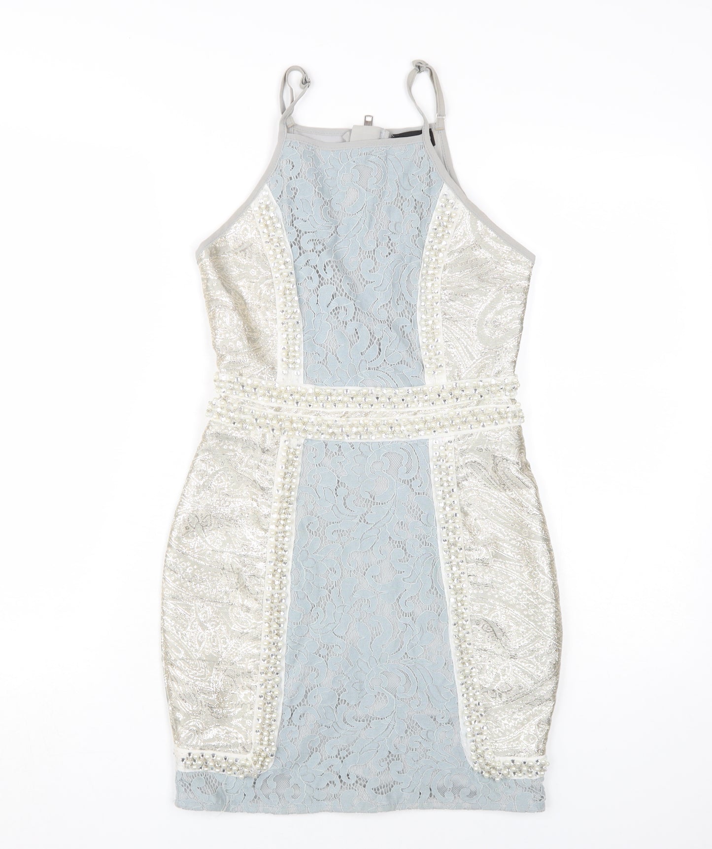 PrettyLittleThing Women's Silver Halter Bodycon Dress Size 6