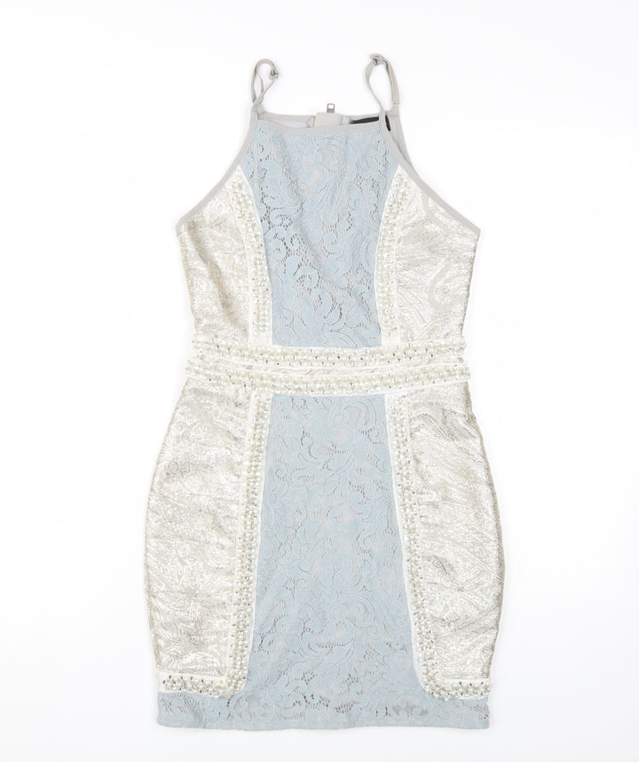 PrettyLittleThing Women's Silver Halter Bodycon Dress Size 6