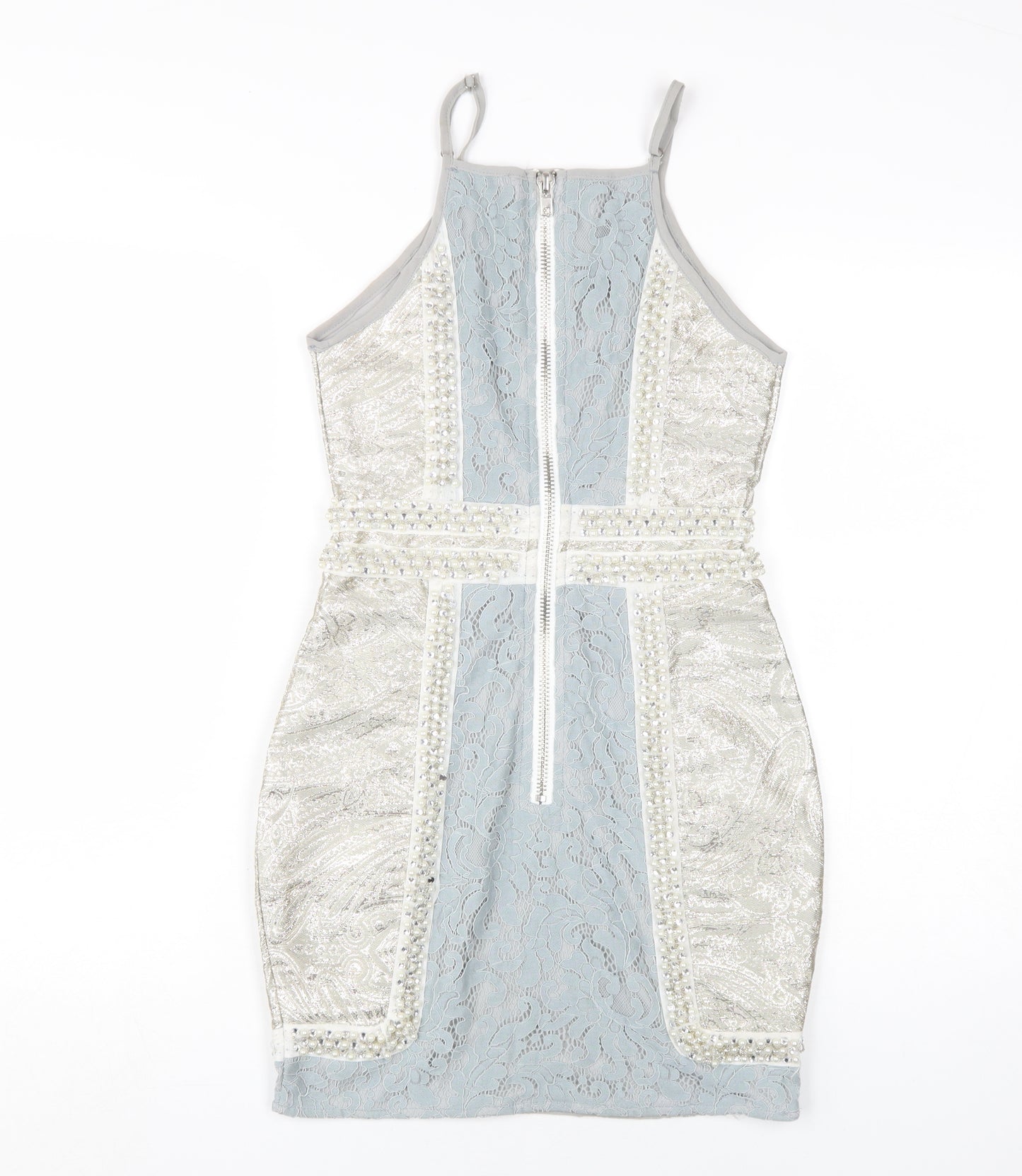 PrettyLittleThing Women's Silver Halter Bodycon Dress Size 6