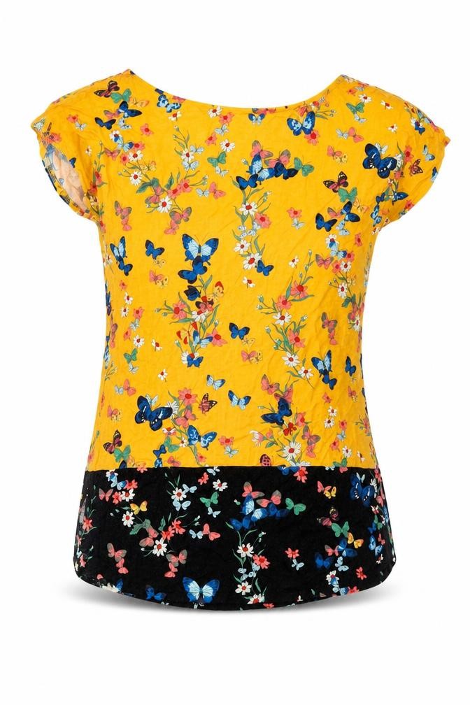 Front view of Oasis Women's Yellow Floral Butterfly Top XS