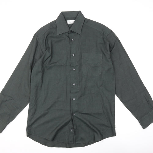 Marks and Spencer Men's Green Vintage Button-Up Shirt, Size 15