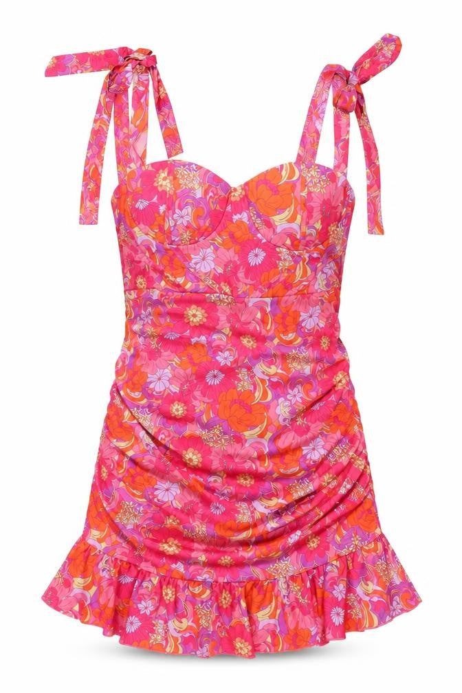 Front view of PRETTYLITTLETHING Women's Pink Floral Mini Dress, size 14