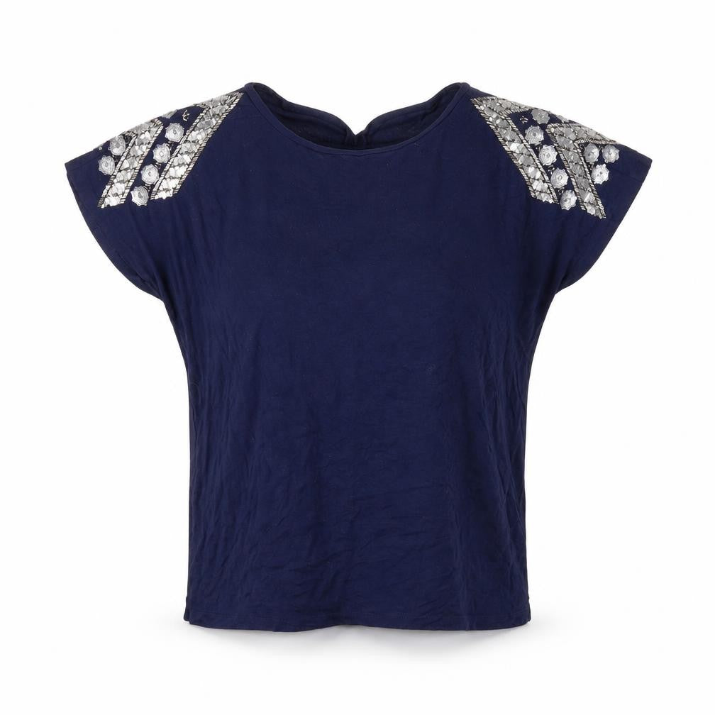 Front view of Warehouse Women Blue Beaded Top, size 8