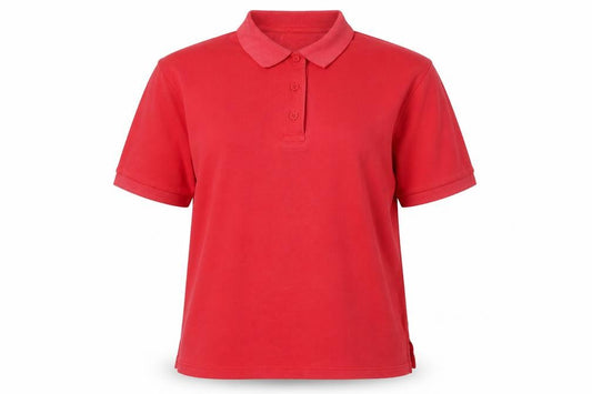 Front view of Berkertex Women's Red Polo Shirt, size 12, Short Sleeve
