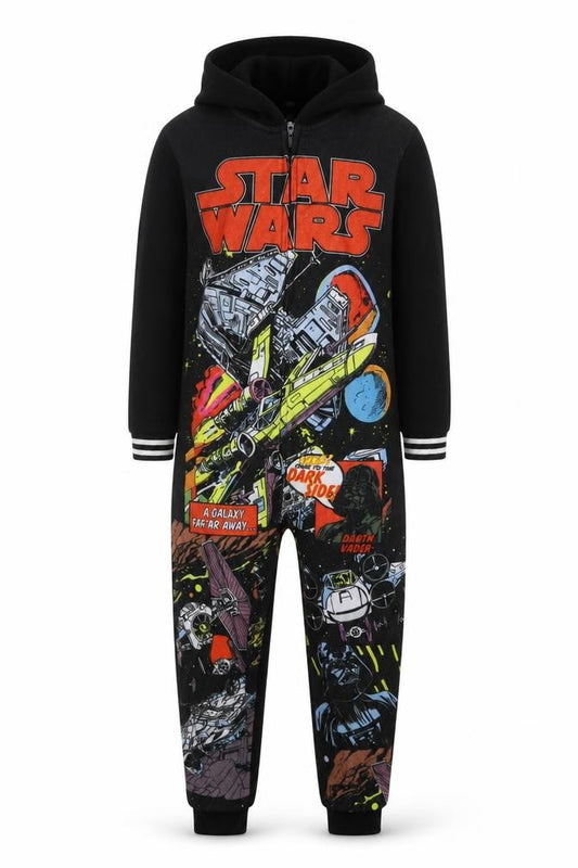Front view of George boys’ black star wars onesie 9 years fleece novelty