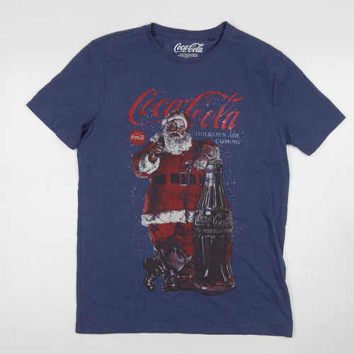 Coca-Cola Men's Blue Christmas T-Shirt - Size S