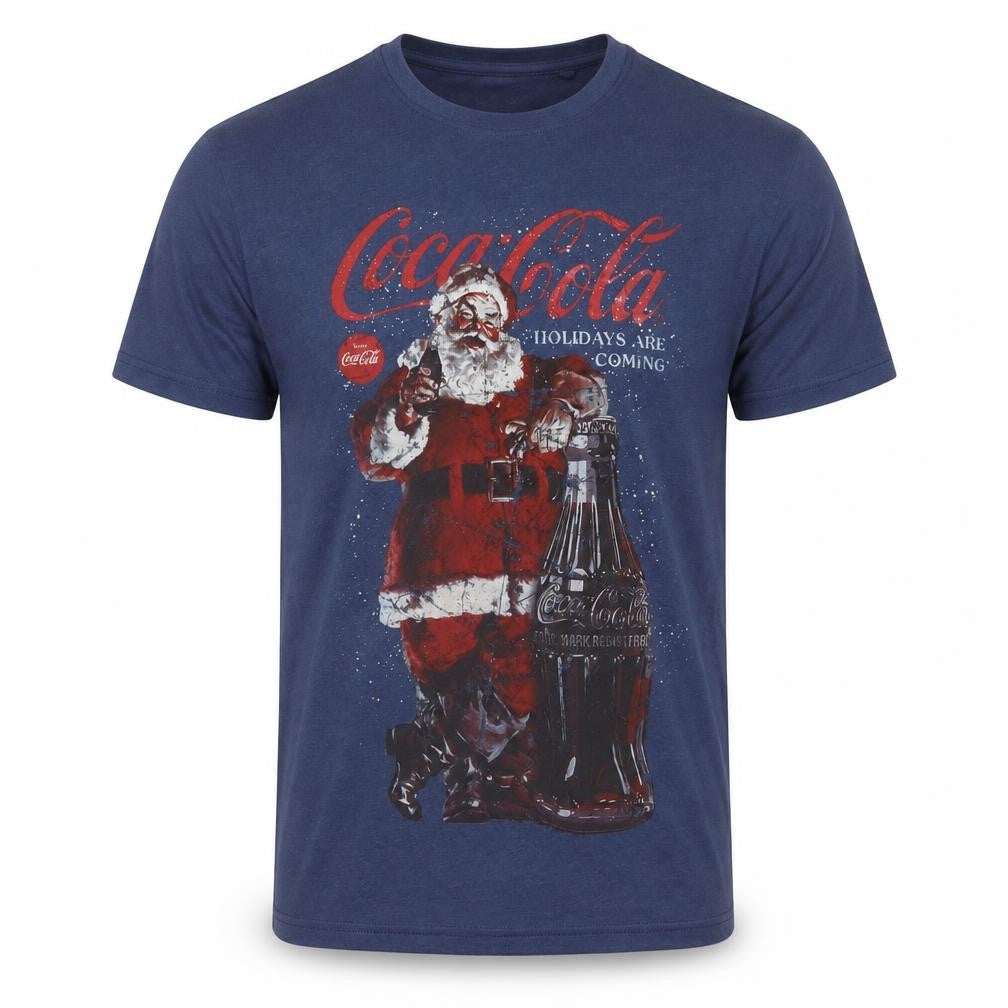 Front view of Coca-Cola Men's Blue Christmas T-Shirt -, size S