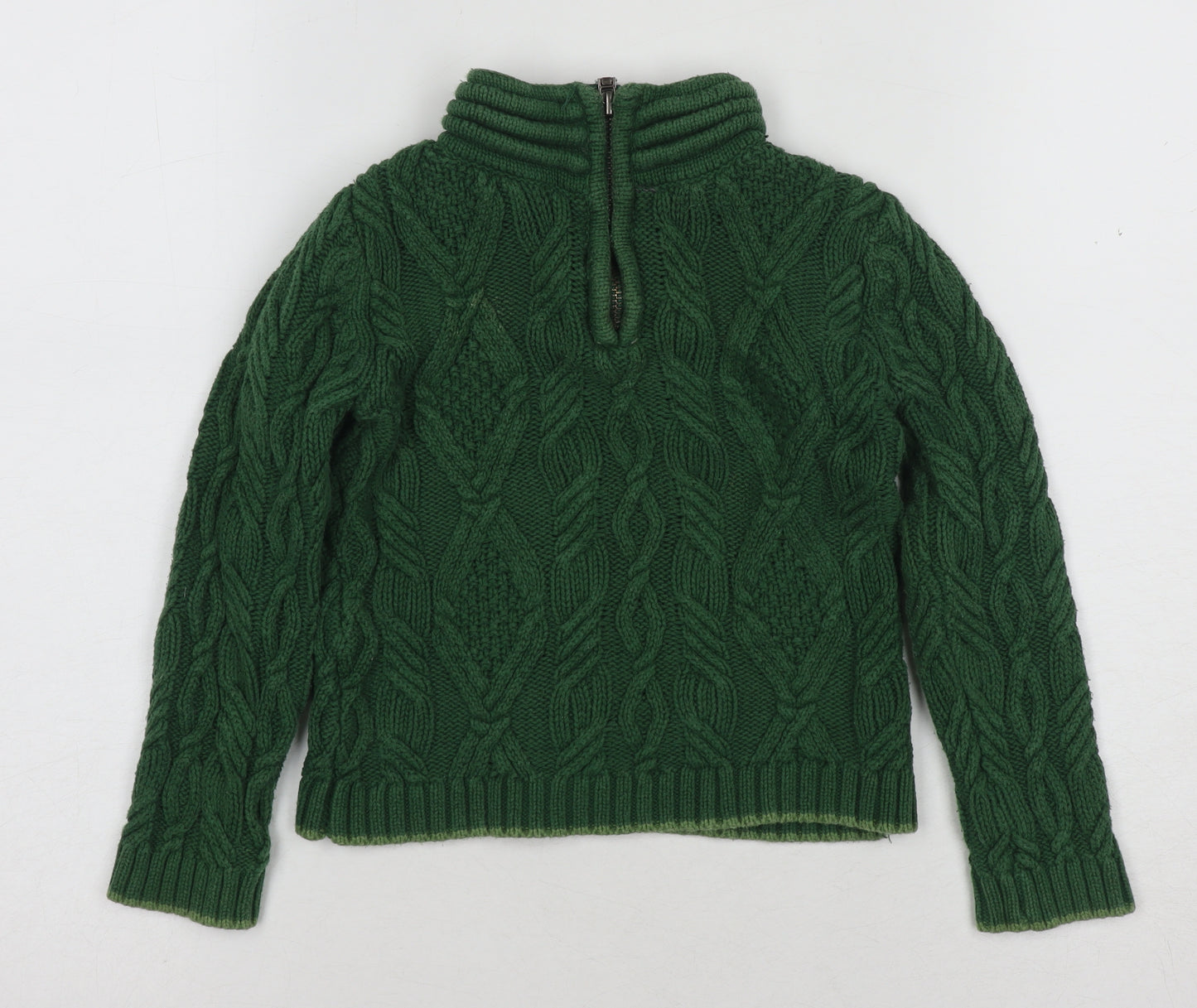 Jarvis Archer Boys Green Cable-Knit Full Zip Jumper, Roll Neck, Size 14