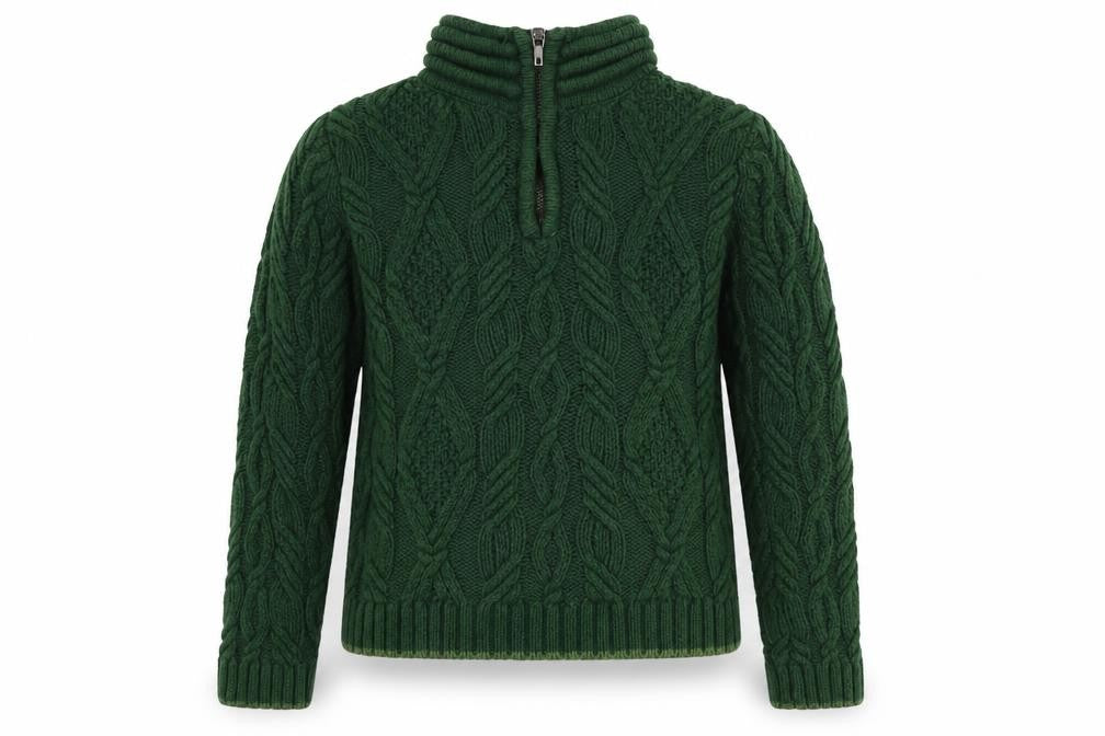 Jarvis Archer Boys Green Cable-Knit Full Zip Jumper, Roll Neck, Size 14