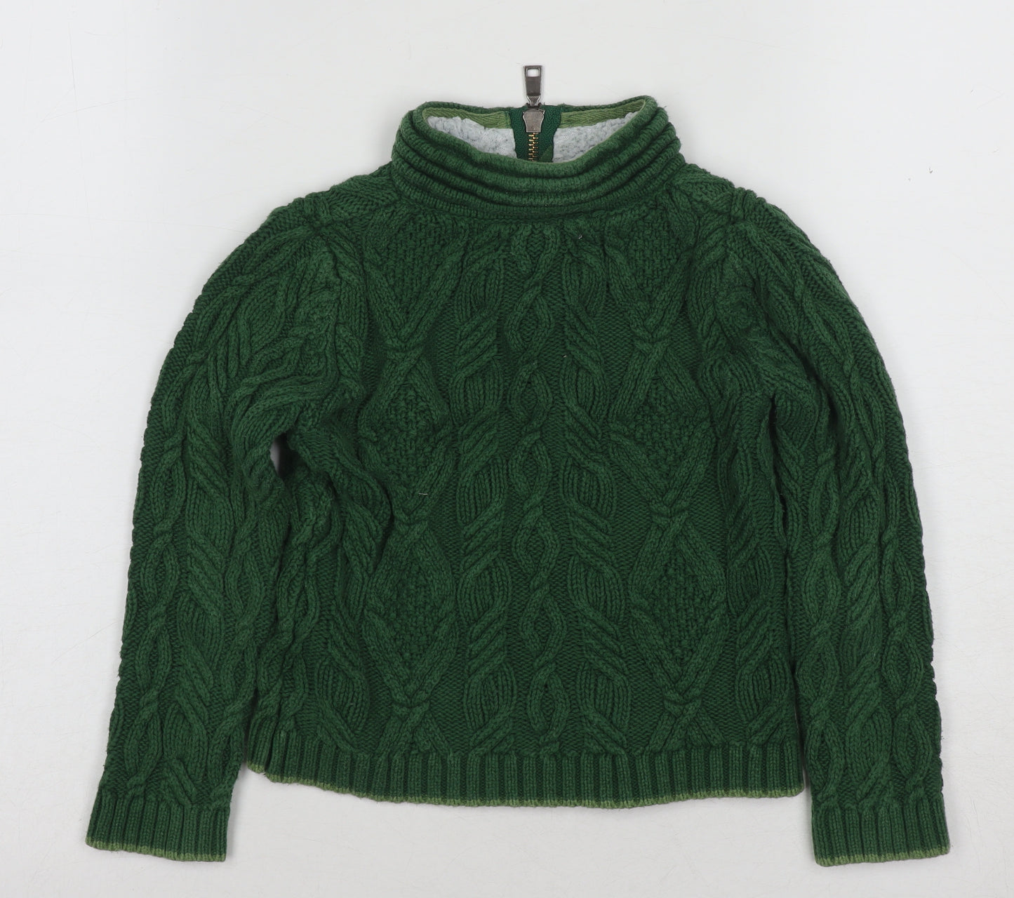 Jarvis Archer Boys Green Cable-Knit Full Zip Jumper, Roll Neck, Size 14
