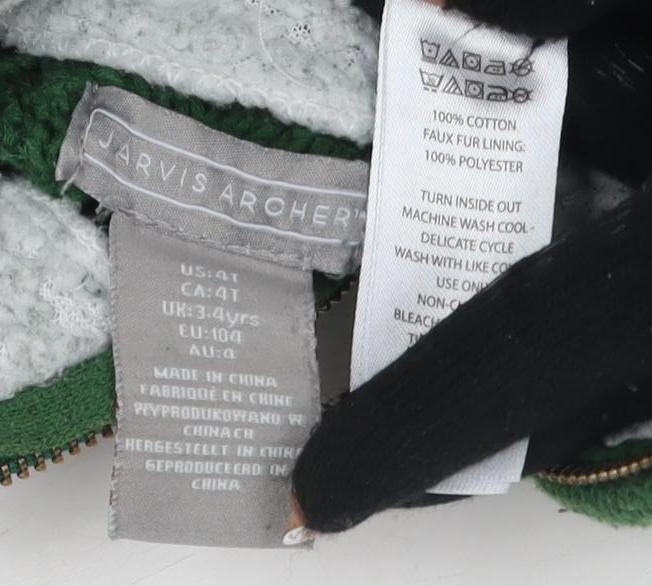 Jarvis Archer Boys Green Cable-Knit Full Zip Jumper, Roll Neck, Size 14