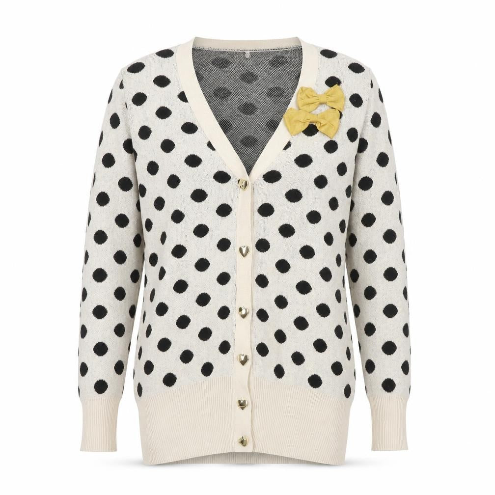 Front view of Sugar Reef Women's Ivory Polka Dot Cardigan, size 10