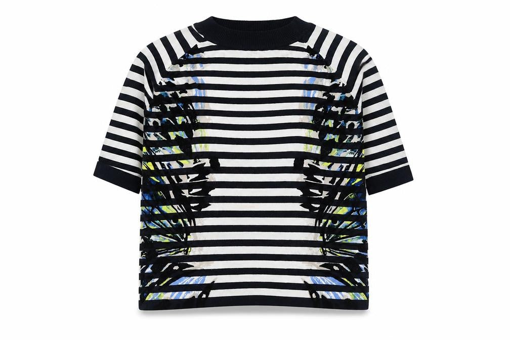 Front view of Beth Jordan Women's Black Striped Crew Top, size 18
