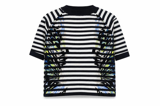 Front view of Beth Jordan Women's Black Striped Crew Top, size 18