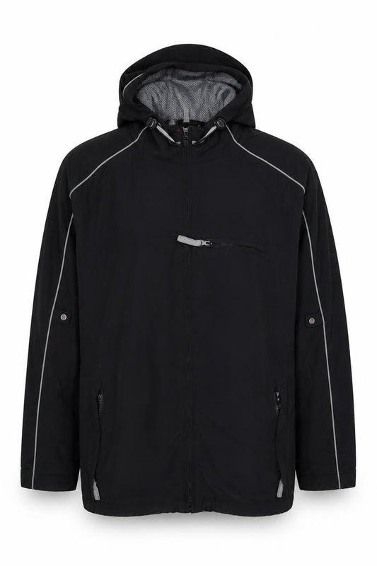 Front view of cutting edge Men's XL Black Hooded Windbreaker Jacket