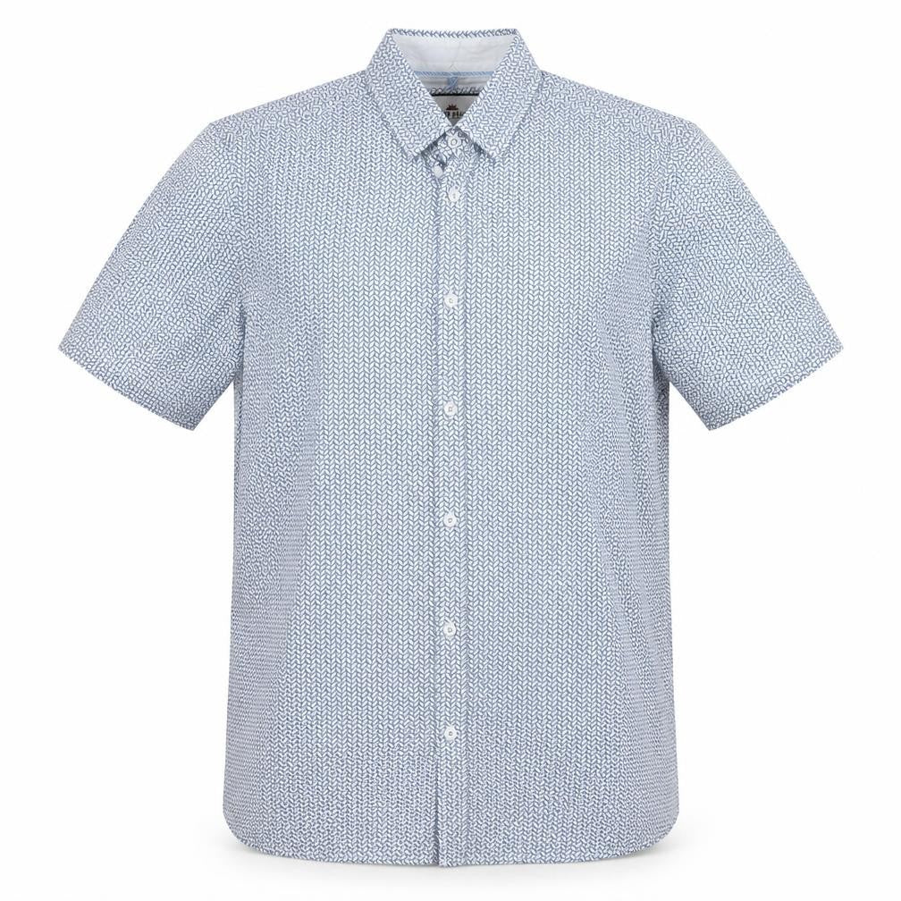 Front view of Ditch Plains Men's Blue Geometric Shirt, size S