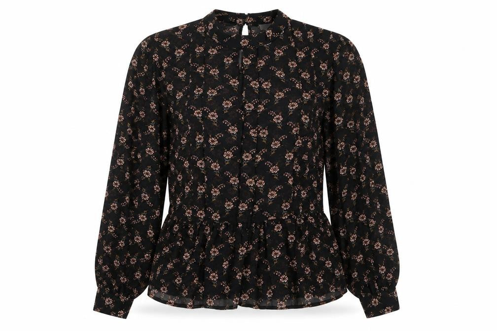 Front view of VILA Women’s Black Floral Tunic Blouse, size UK 10