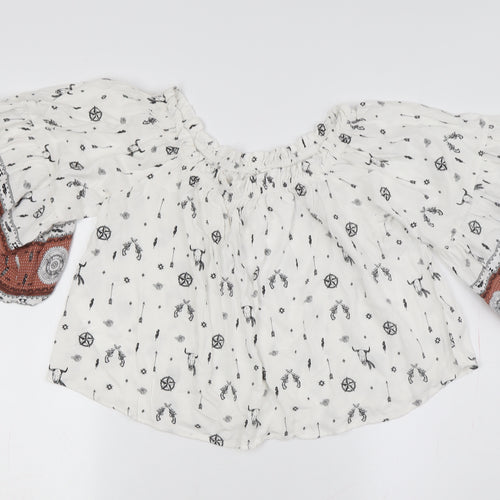 Mango Women's White Floral Bohemian Blouse, Size L