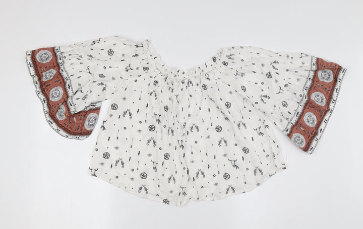 Mango Women's White Floral Bohemian Blouse, Size L