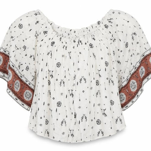 Mango Women's White Floral Bohemian Blouse, Size L