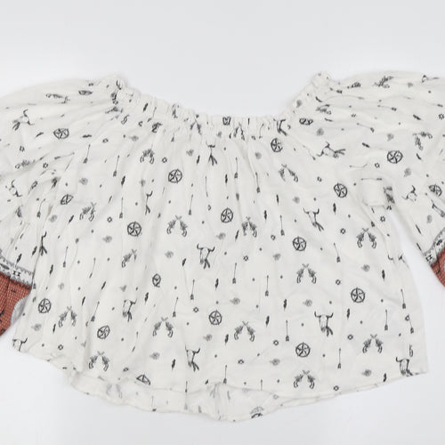 Mango Women's White Floral Bohemian Blouse, Size L