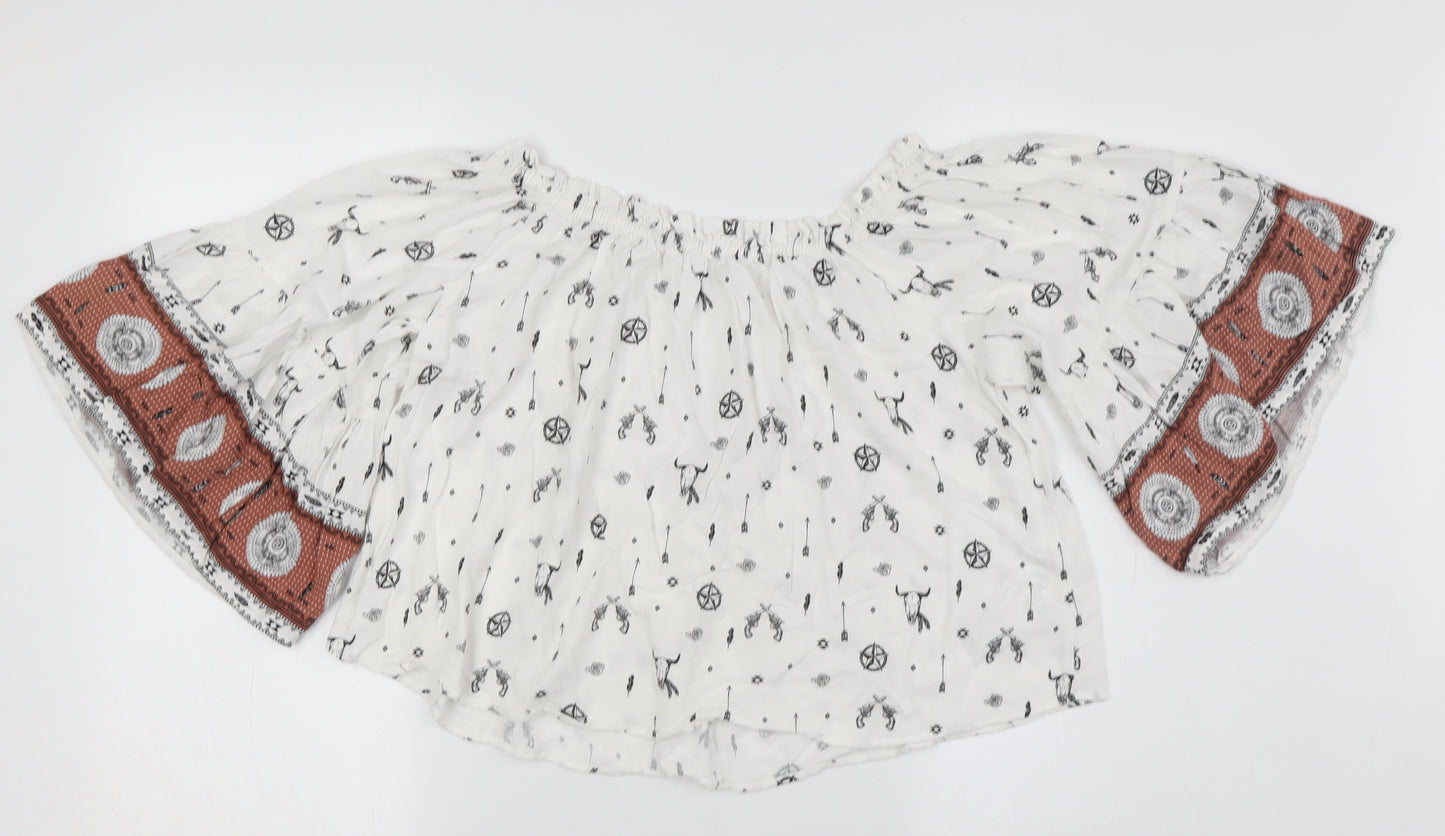 Mango Women's White Floral Bohemian Blouse, Size L