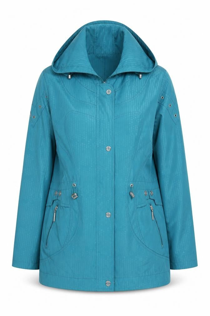 Front view of JBC Women's Blue Mid-Length Hooded Rain Jacket -, size 12